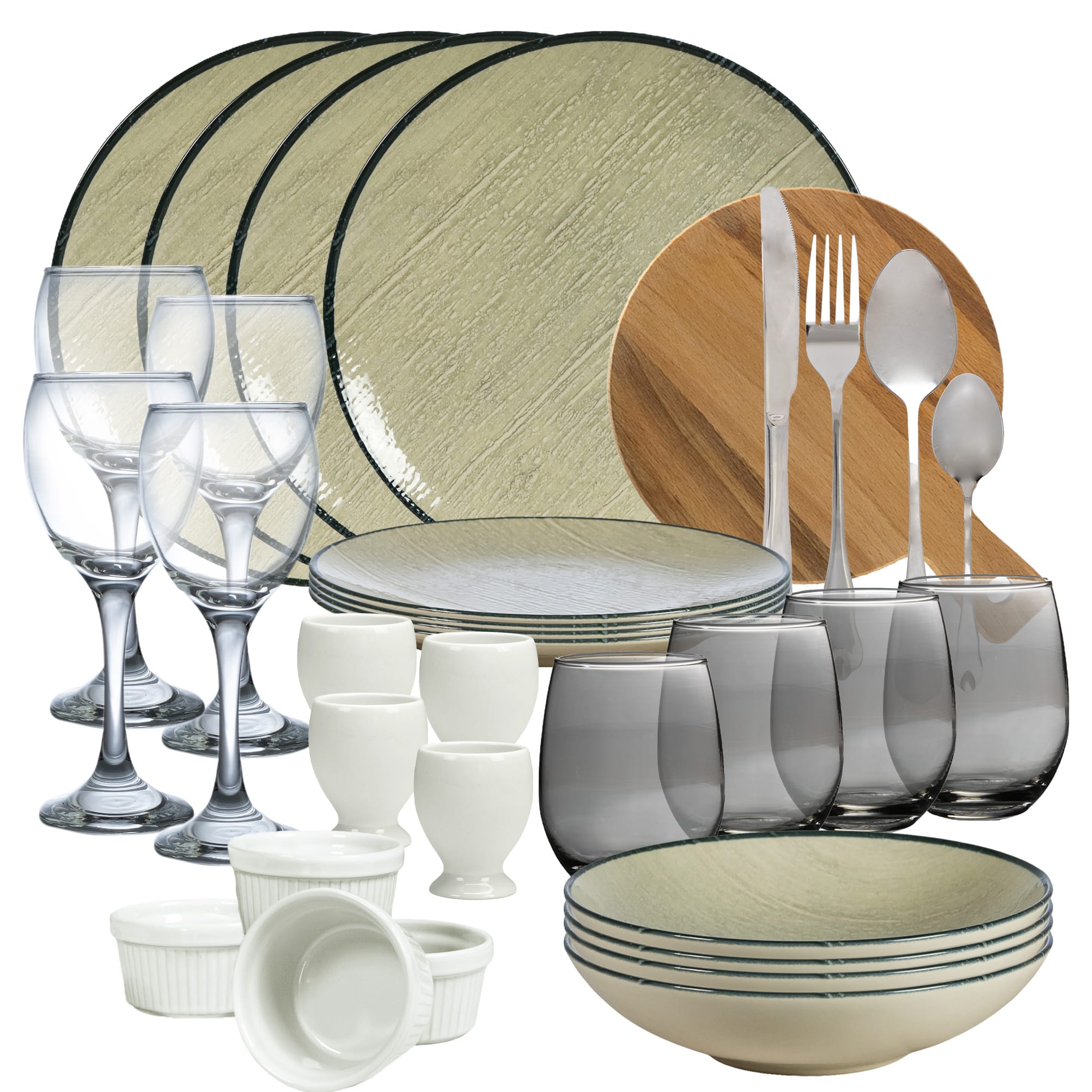 Set complet 45 piese, Alb Ivoire cu verde deschis - Creează Amintiri Culinate