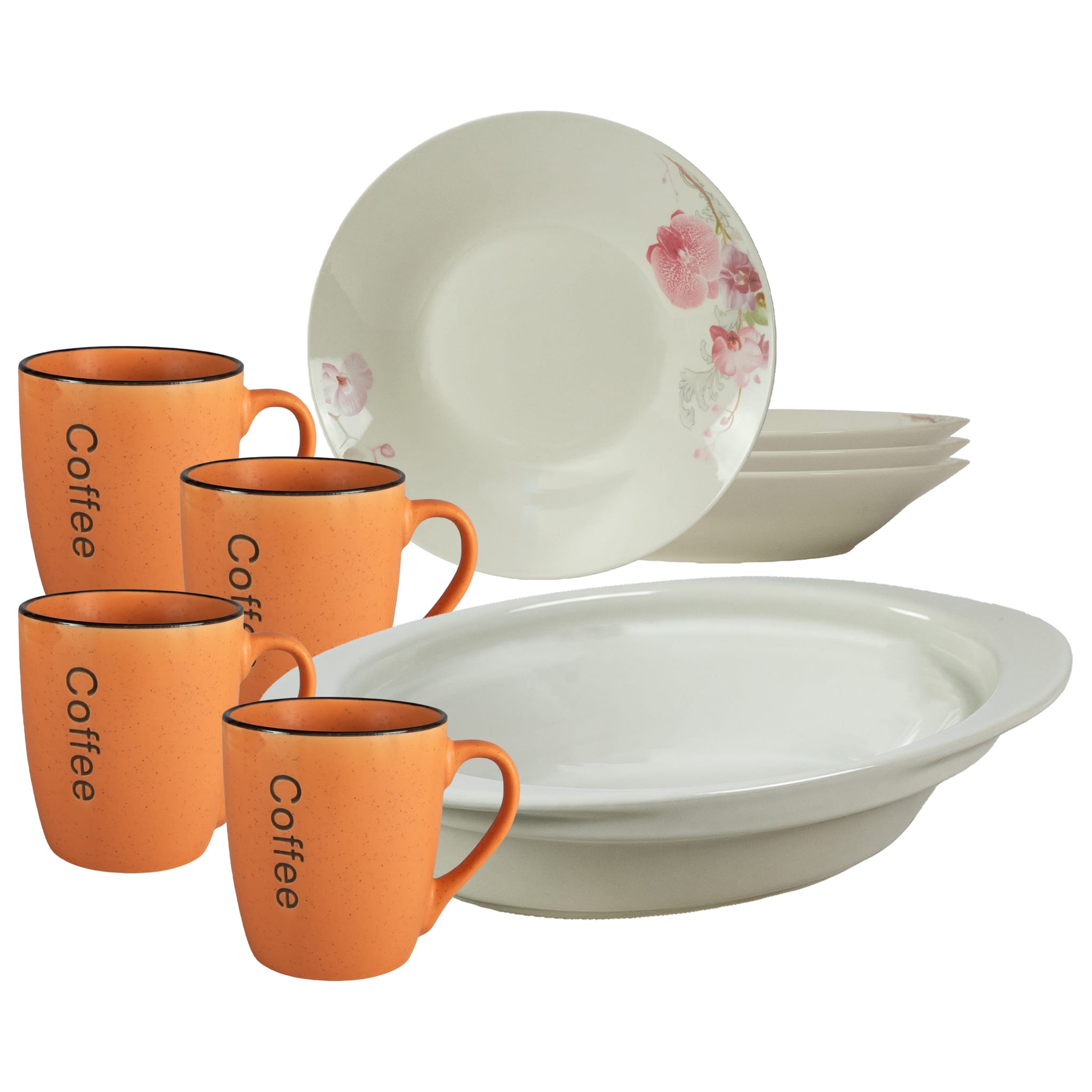Set masa 4 pers, 9 piese, cana portocalie, farfurie adanca, tava termorezistenta, Portelan Orhidee deco