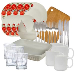 Set complet masa, Red Roses, 34 piese, Portelan, Alb cu trandafir rosu