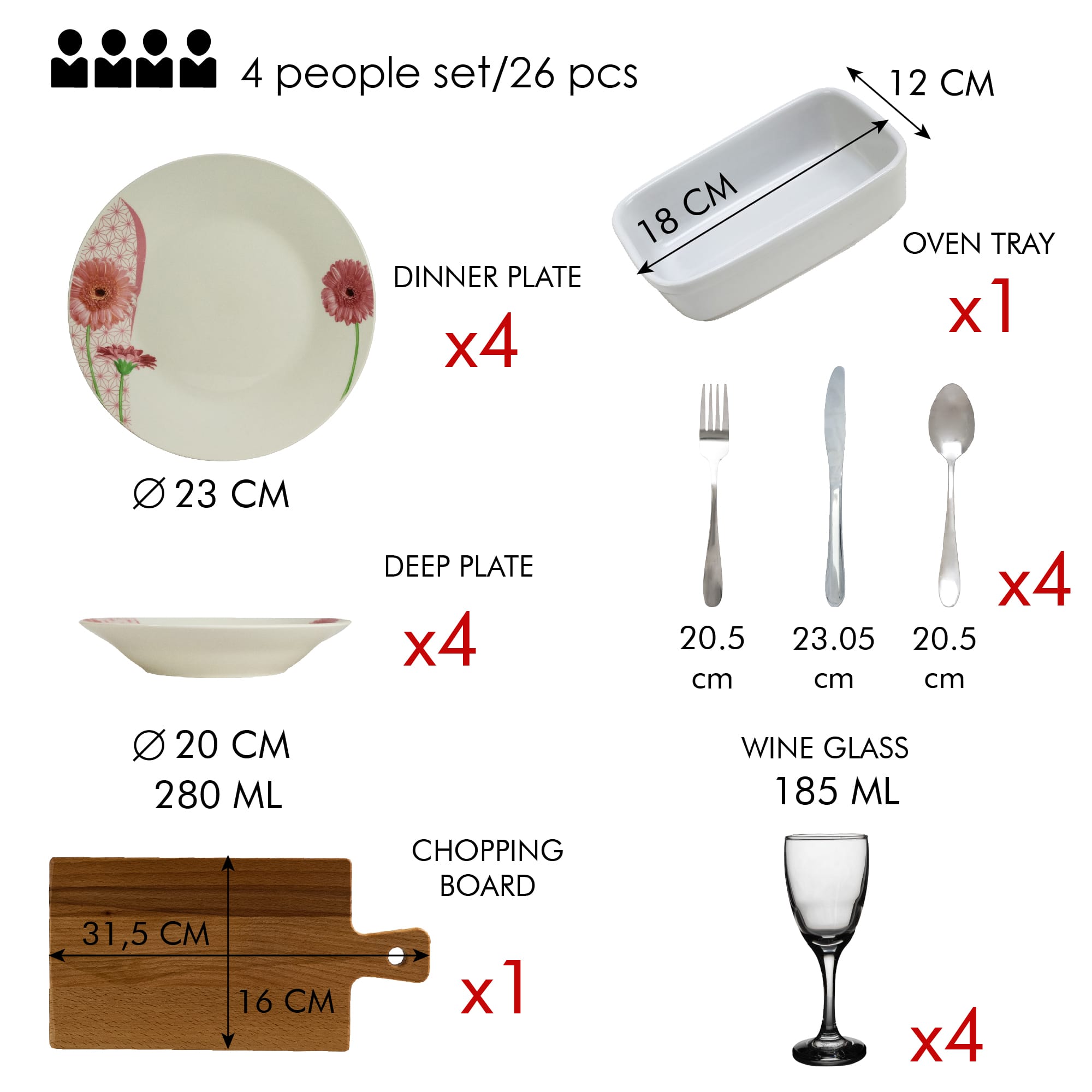 Set masa complet Daisy, 26 piese, Portelan, Alb cu margareta - imagine 2