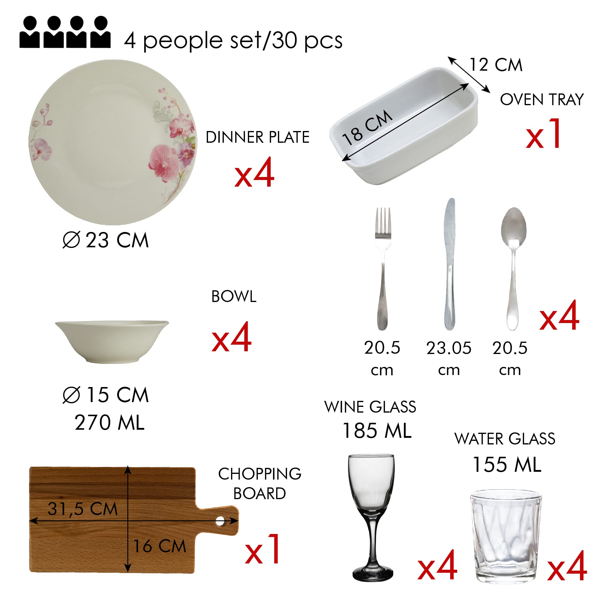 Set masa Orchid, 30 piese, Portelan, Alb cu orhidee - imagine 2