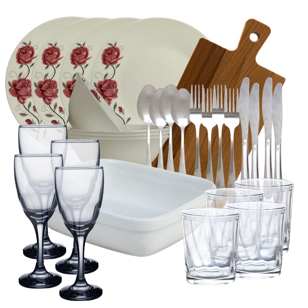 Set masa Red Roses, 30 piese, Portelan, Alb cu trandafir roz