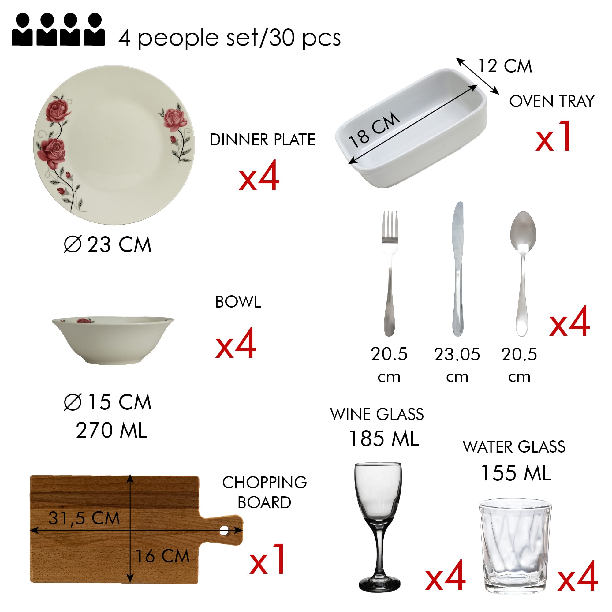 Set masa Red Roses, 30 piese, Portelan, Alb cu trandafir roz - imagine 2