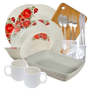 Set masa Red Roses, 18 piese, Portelan, Alb cu trandafir rosu