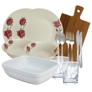 Set masa Pink Roses, 14 piese, Portelan, Alb lucios cu trandafir roz