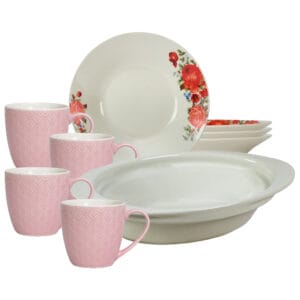 Set masa 4 pers., 9 piese, cana roz 200 ml, farfurie adanca, tava termorezistenta, Portelan Trandafiri rosii