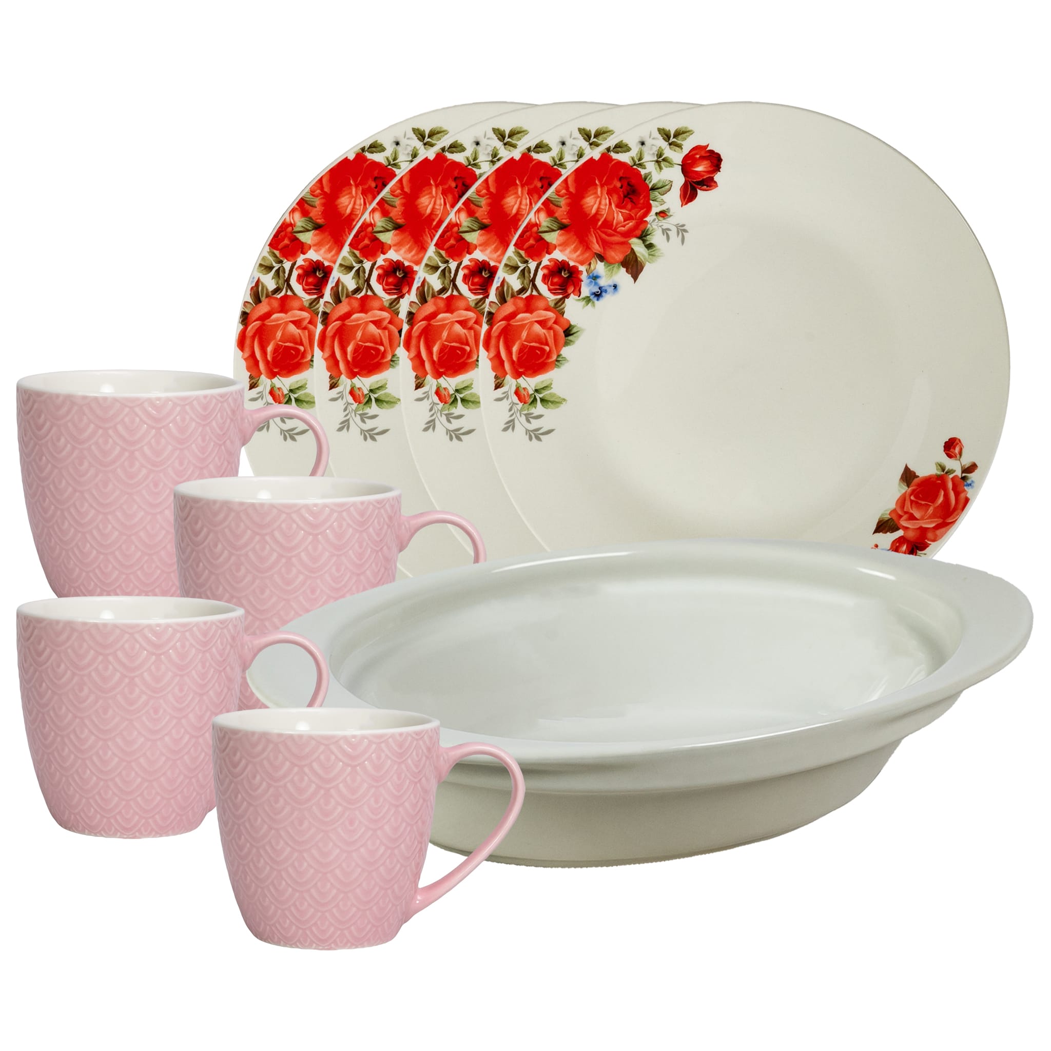 Set masa 4 pers., 9 piese, cana roz 200 ml, farfurie, tava termorez., Portelan cu Trandafiri rosii