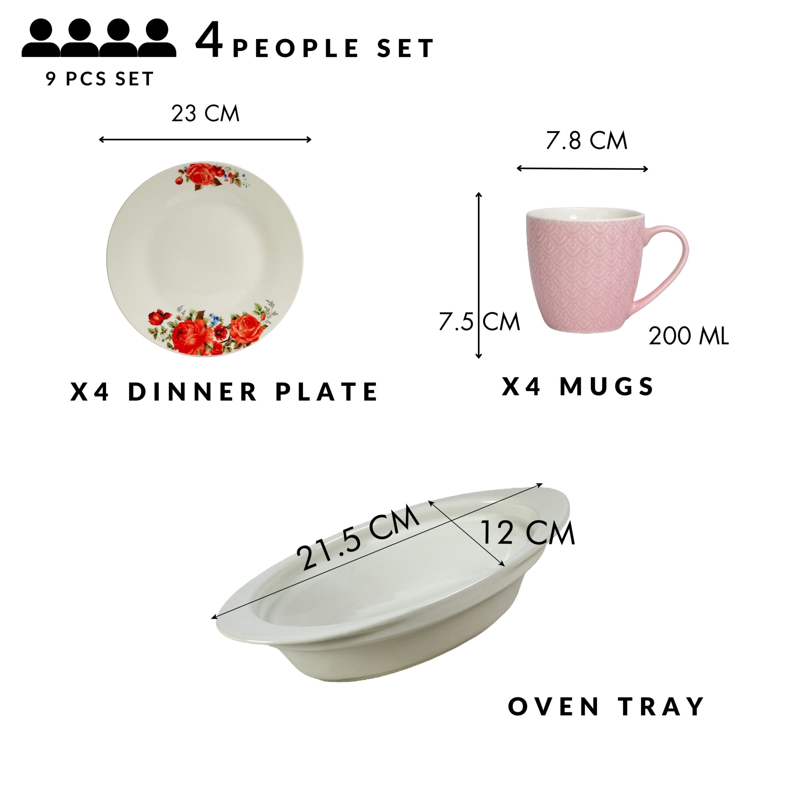 Set masa 4 pers., 9 piese, cana roz 200 ml, farfurie, tava termorez., Portelan cu Trandafiri rosii - imagine 2
