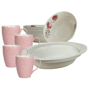 Set masa 4 pers., 9 piese, cana roz 370 ml, bol, tava termorezistenta, Portelan cu Trandafiri roz