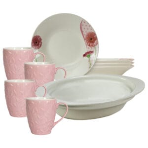 Set masa 4 pers., 9 piese, cana roz 370 ml, farfurie adanca, tava termorezistenta, Portelan Margareta