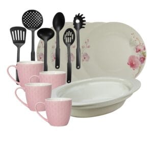 Set masa 4 pers., 15 piese, cana roz 200 ml, farfurie, tava termorezistenta, ustensile, Portelan Orhidee deco.