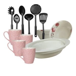 Set masa 4 pers, 15 piese, cana roz 370 ml, bol, tava termorezistenta, ustensile bucatarie, Portelan Trandafiri roz
