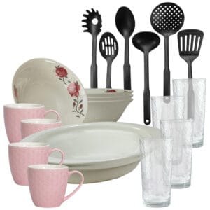Set masa 4 pers, 19 piese, cana roz 200 ml, bol, tava termo, ustensile, pahare sticla, Portelan Trandafiri roz