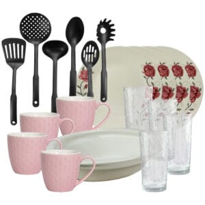 Set masa 4 pers, 19 piese, cana roz 200 ml, farfurie, tava termo, ustensile, pahare sticla, Portelan Trandafiri roz