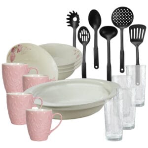 Set masa 4 pers., 19 piese, cana roz 370 ml, bol, tava termo, ustensile, pahare sticla, Portelan Orhidee