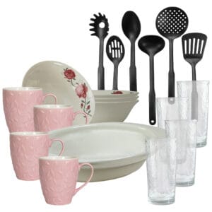 Set masa 4 pers., 19 piese, cana roz 370 ml, bol, tava termo, ustensile, pahare sticla, Portelan Trandafiri roz