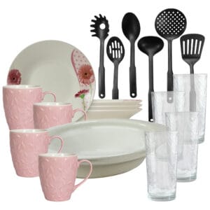 Set masa 4 pers, 19 piese, cana roz 370 ml, farfurie adanca, tava termo, ustensile, pahare sticla, Portelan Margareta