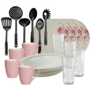 Set masa 4 pers., 19 piese, cana roz 370 ml, farfurie, tava termo, ustensile, pahare sticla, Portelan Orhidee