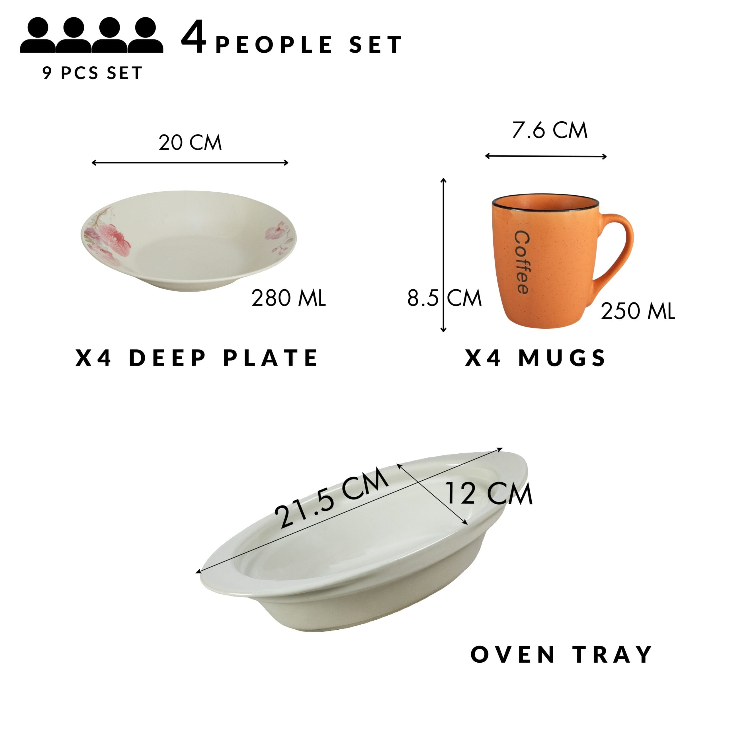 Set masa 4 pers, 9 piese, cana portocalie, farfurie adanca, tava termorezistenta, Portelan Orhidee deco - imagine 2
