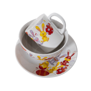 Set 3 piese, farfurie deset, bol, cana, Cesiro, Decor iepuras