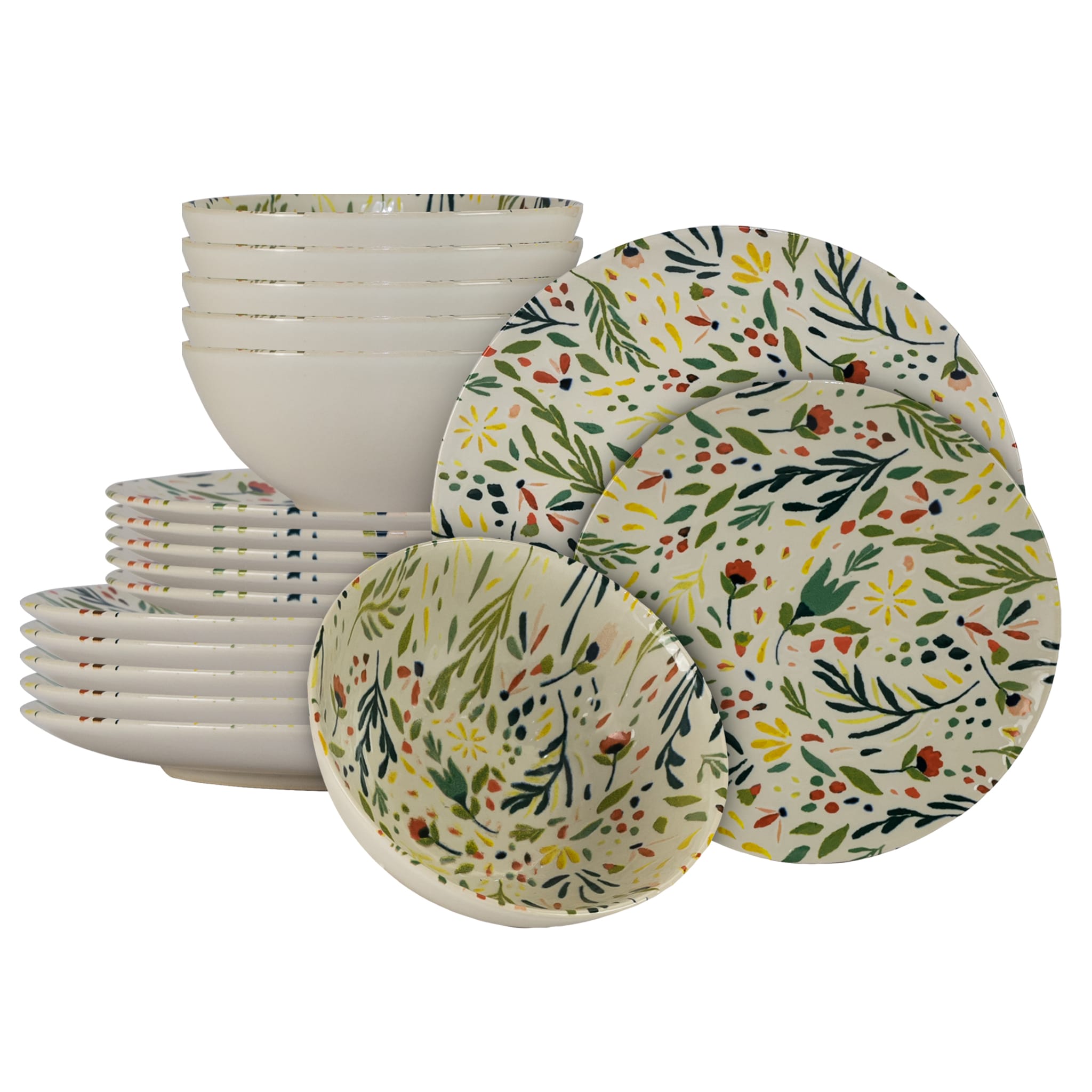 Set farfurii 18 piese, 6 persoane, Vintage, Alb, flori si frunze
