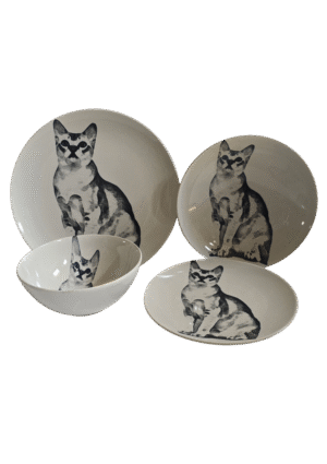 Set 4 piese, pentru o persoana, Ivoire decorat cu corp pisica