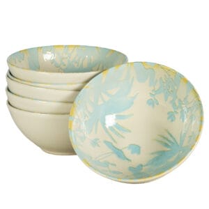 Set 6 boluri, 600 ml, Hawaii, Crem deschis cu frunze albastru deschis