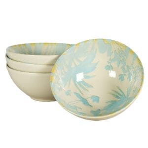 Set 4 boluri, 600 ml, Hawaii, Crem deschis cu frunze albastru deschis