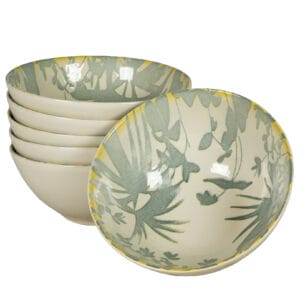 Set 6 boluri, 600 ml, Hawaii, Crem deschis cu frunze gri