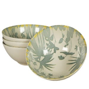 Set 4 boluri, 600 ml, Hawaii, Crem deschis cu frunze gri