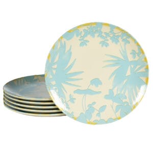 Set 6 farfurii intinse, 26 cm, Hawaii, Crem deschis cu frunze albastru deschise