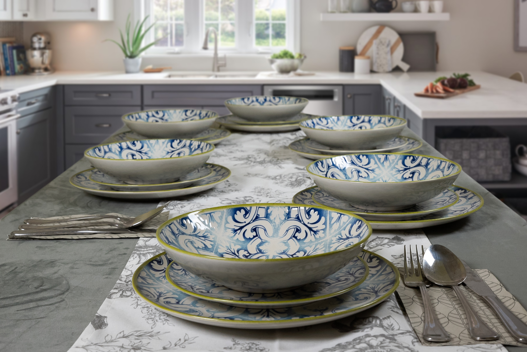 Set farfurii 18 piese, pentru 6 persoane, Stoneware, Ivoire cu Albastru - imagine 2