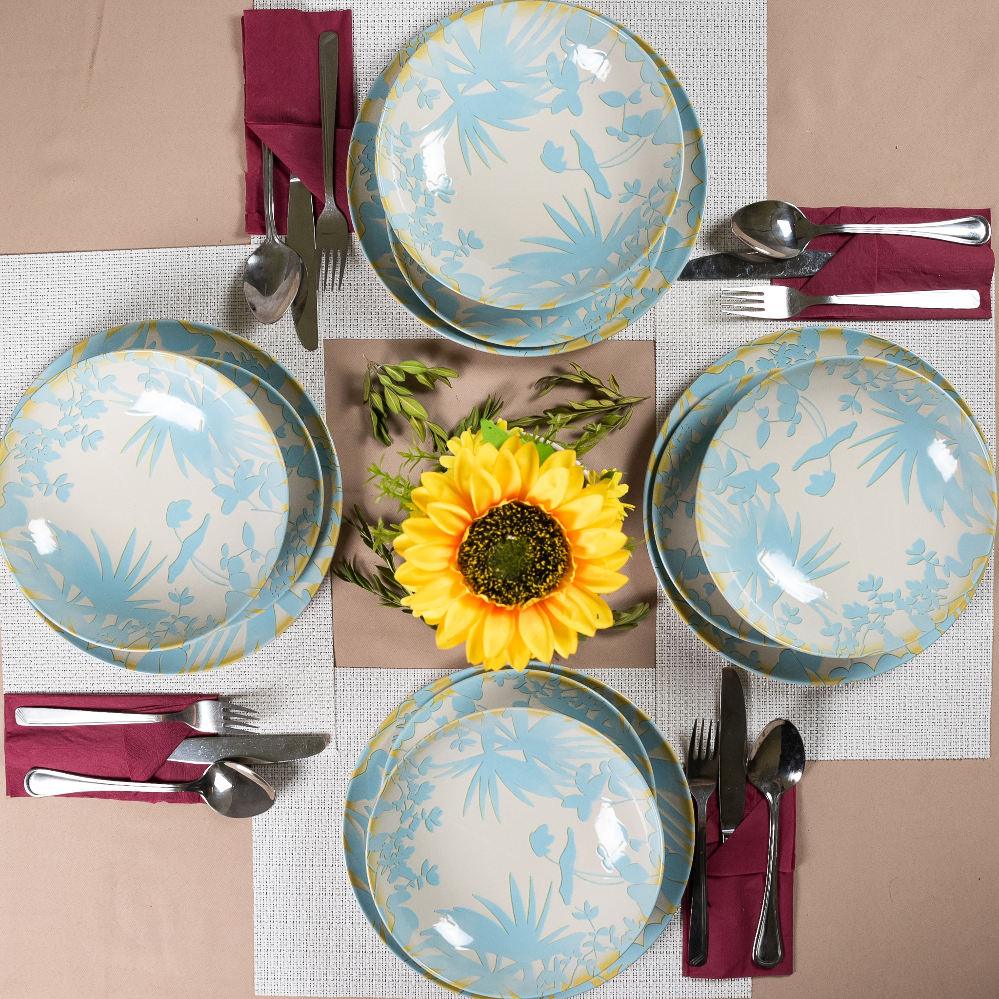 Set farfurii de 12 piese, pentru 4 persoane, Foliage, Ivoire cu frunze Albastru deschis - imagine 2