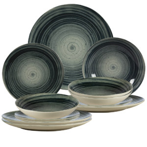 Set farfurii de 12 piese, pentru 4 persoane, Graffiti, Ivoire cu cercuri gri inchis