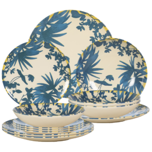 Set farfurii de 12 piese, pentru 4 persoane, Foliage, Ivoire cu frunze Albastru inchis