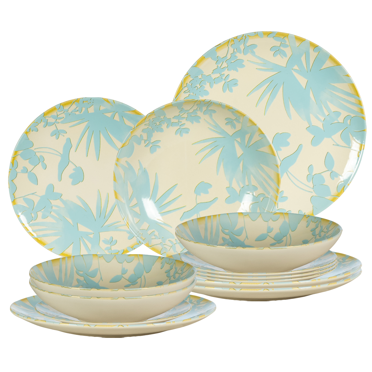 Set farfurii de 12 piese, pentru 4 persoane, Foliage, Ivoire cu frunze Albastru deschis