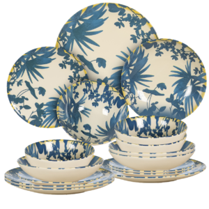 Set farfurii de 16 piese, pentru 4 persoane, Foliage, Ivoire decor cu frunze Albastru inchis