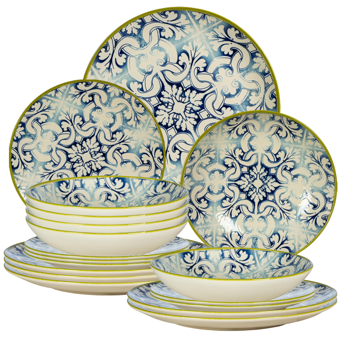 Set farfurii 18 piese, pentru 6 persoane, Stoneware, Ivoire cu Albastru