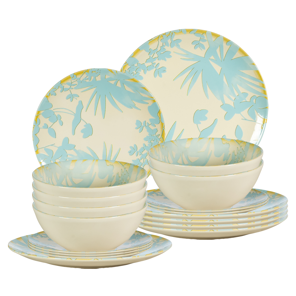 Set farfurii de 18 piese, pentru 6 persoane, Foliage, Ivoire cu Albastru deschis