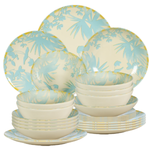 Set farfurii de 24 piese, pentru 6 persoane, Foliage, Ivoire cu frunze Albastru deschis
