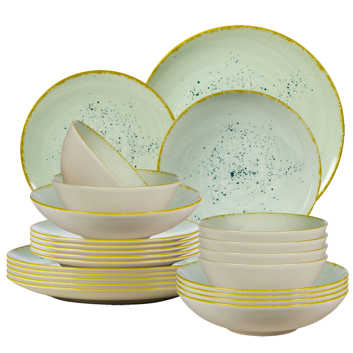 Set farfurii de 24 piese, pentru 6 persoane, Pistchio, Ivoire cu turzoaz