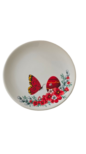 Farfurie desert, 20 cm, Cesiro, Alb decorat cu ou rosu