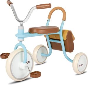 Tricicletă JOYSTAR pentru copii mici, pentru băieți și fete de 2-4 ani - Bicicletă pentru bebeluși în stil retro, cu pedale, 3 roți și șa lată, Baby blue