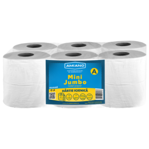 Hartie igienica Mini Jumbo Amiano, alba, 2 straturi, 12 role A
