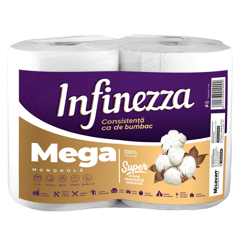 Prosop hartie monorola Infinezza Mega, 2 role/set, 2 straturi, 2*206 foi