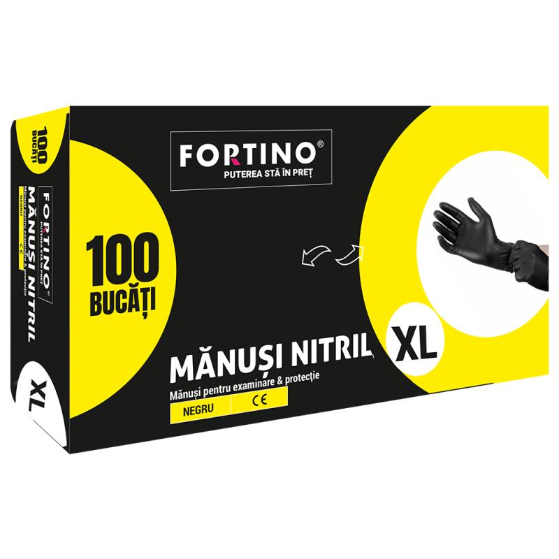 Manusi unica folosinta nitril Fortino, marime XL, negru, 100 buc/set